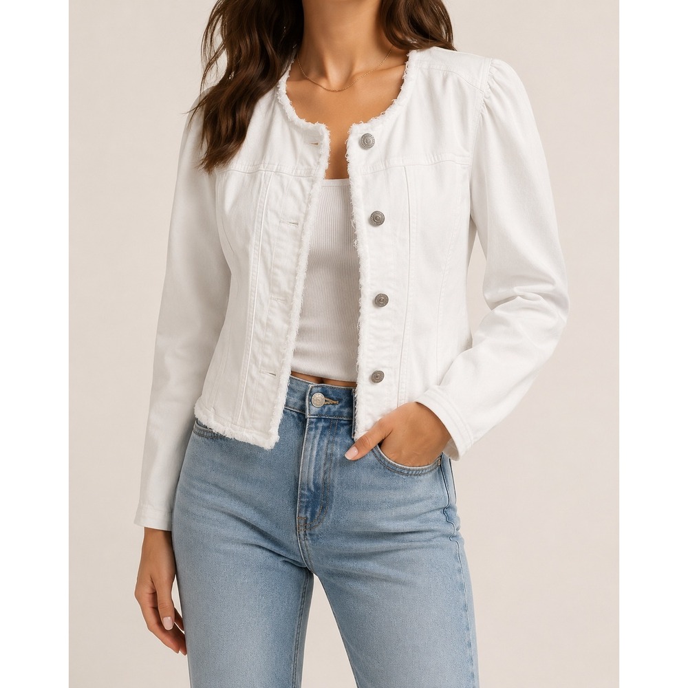 Susan Graver Jeans Jacket Womens 2X White Excellent Frayed Edge Puff Sleeve